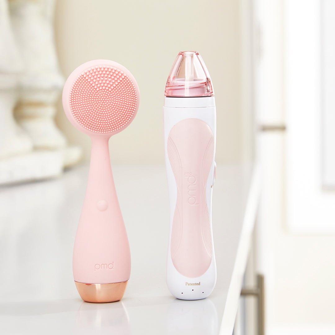 gemstone_pro_BlushRQ?PMD Clean Pro RQ in blush and Personal Microderm Pro in Blush on counter