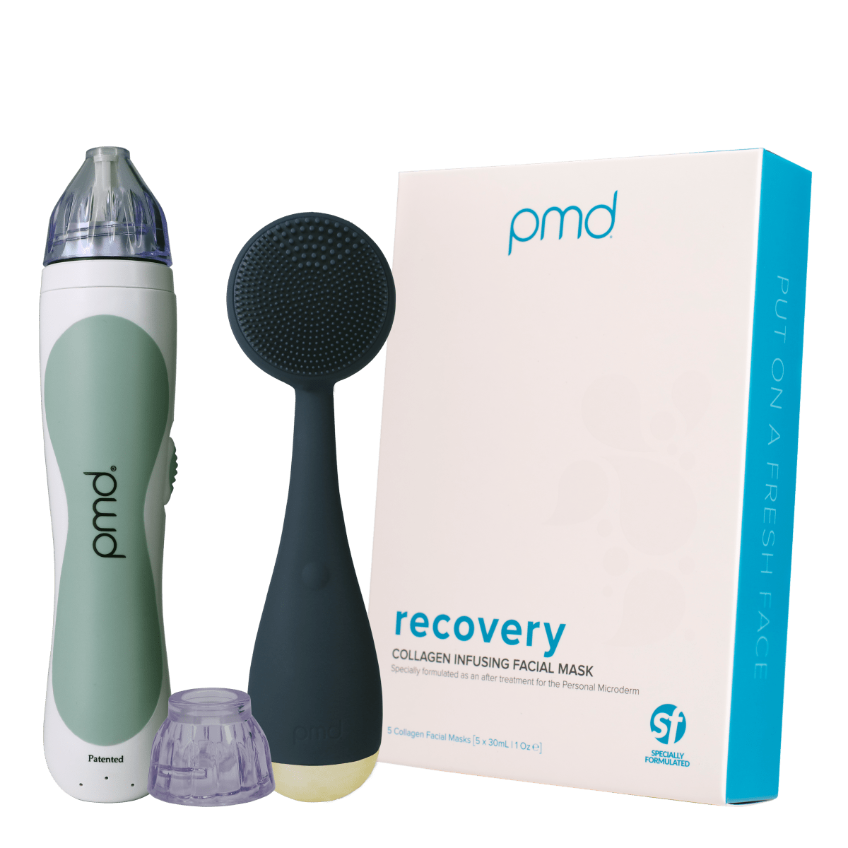 fresh_face_classic_bundle_grey/navy?Personal Microderm Classic in Grey, PMD Clean in Navy, Box of Recovery Masks