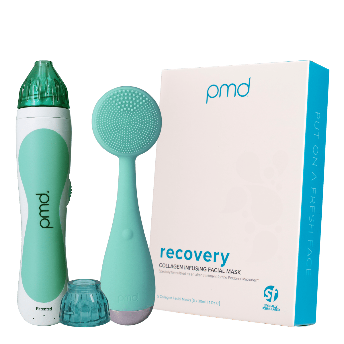 fresh_face_classic_bundle_teal?Personal Microderm Classic in Teal, PMD Clean in Teal, Box of Recovery Masks