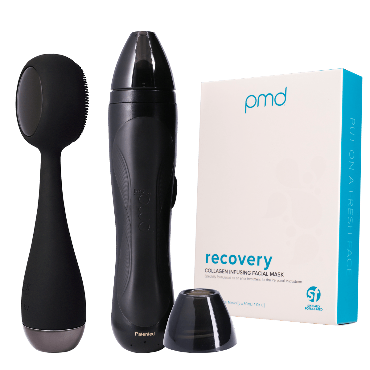 gemstone_pro_BlackOB?PMD Clean Pro OB in black, Personal Microderm Pro in Black, and Box of Recovery Masks