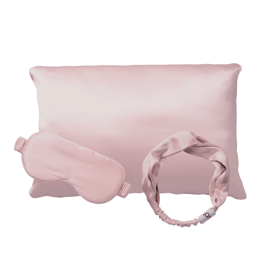 BNDL_SleepInSilk?Silversilk pillowcase, headband, & sleep mask in rose